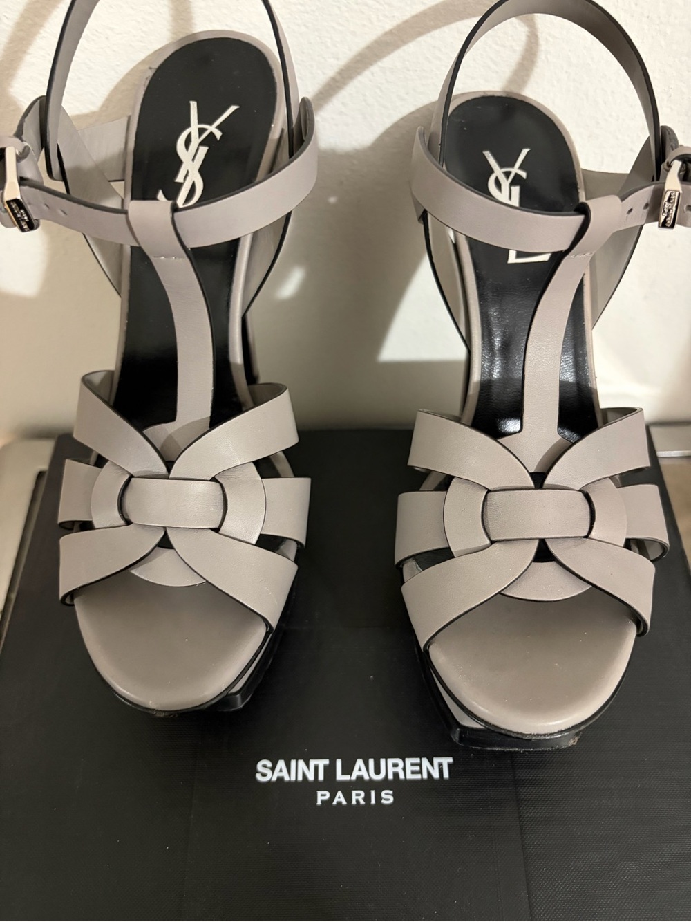 Saint Laurent Taupe/Grey Leather T-Strap Platform Sandals
